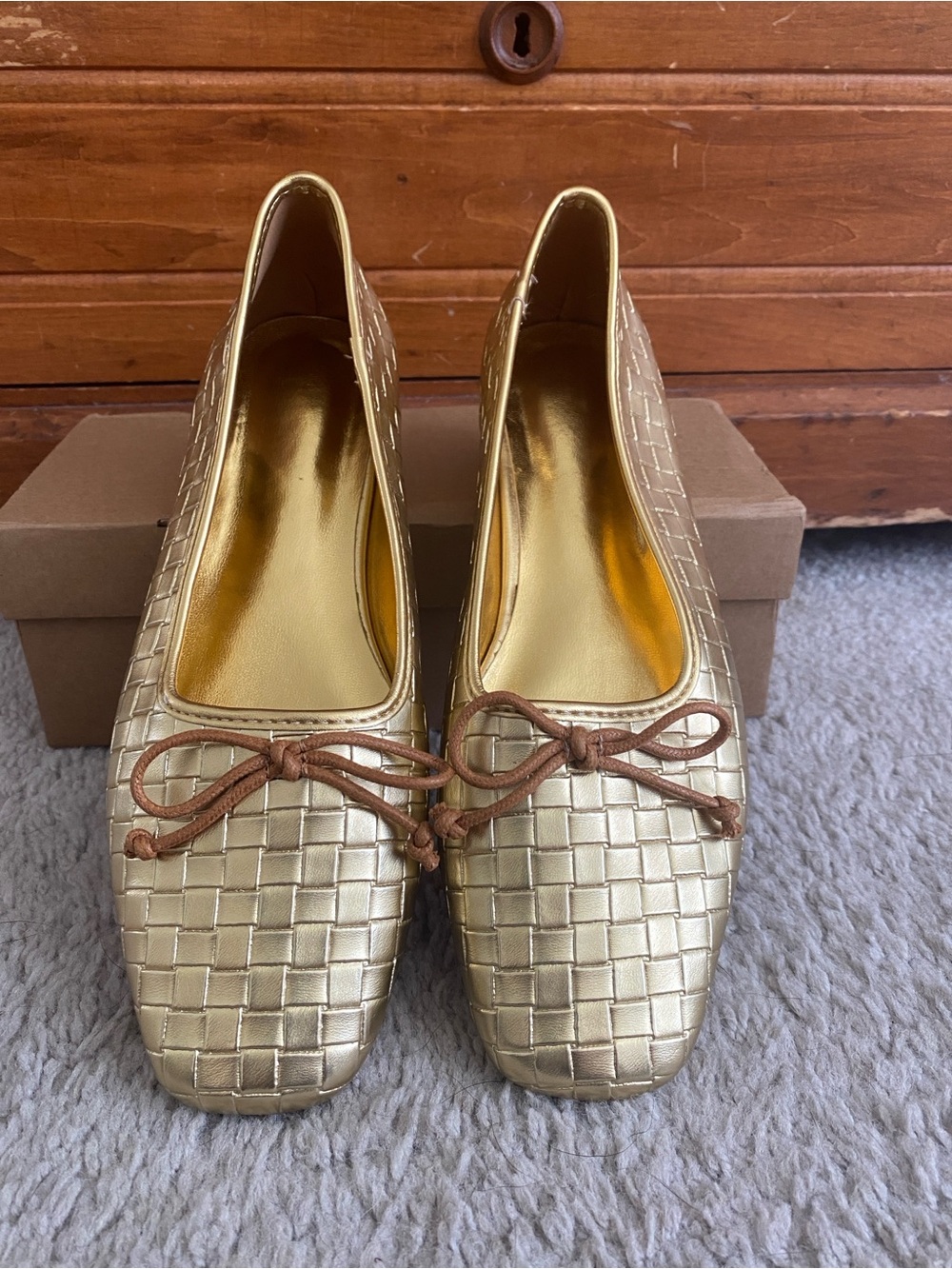 Woven Metallic Gold Ballet Flats with Bow Accent